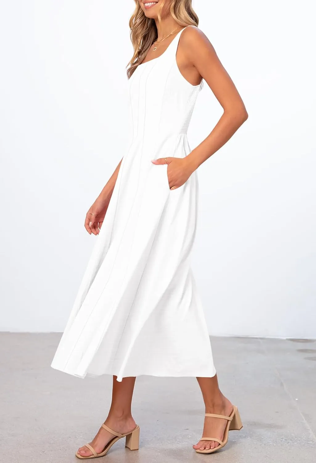 MEROKEETY Women's 2025 Summer Sleeveless Midi Dress Square Neck Smocked Flowy A Line Beach Dresses