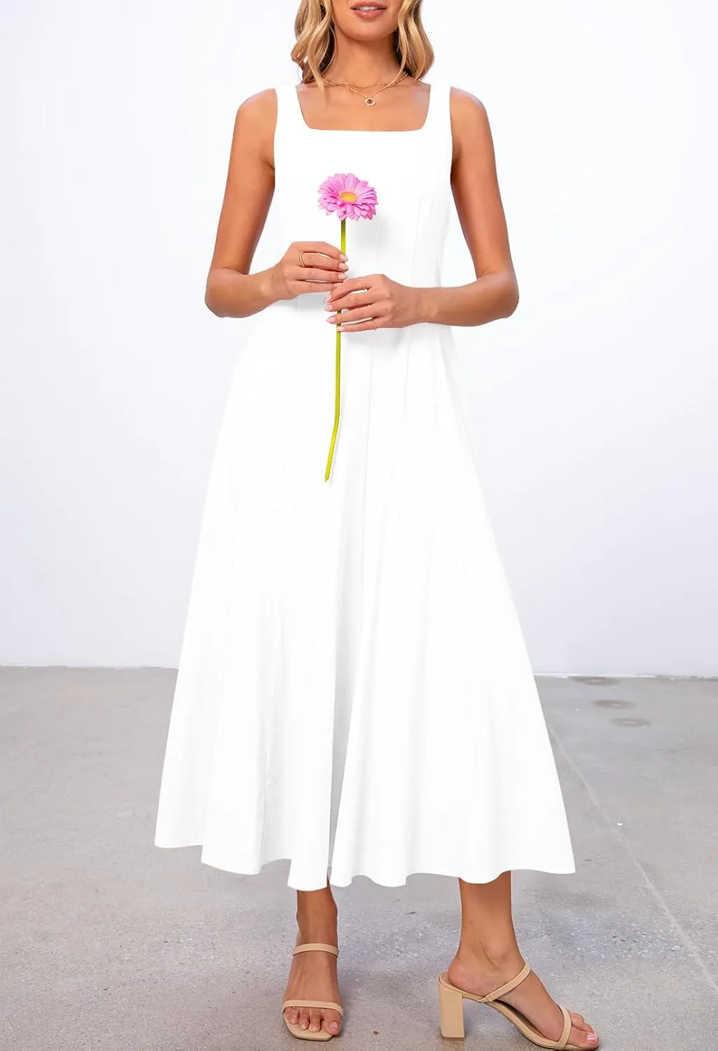 MEROKEETY Women's 2025 Summer Sleeveless Midi Dress Square Neck Smocked Flowy A Line Beach Dresses