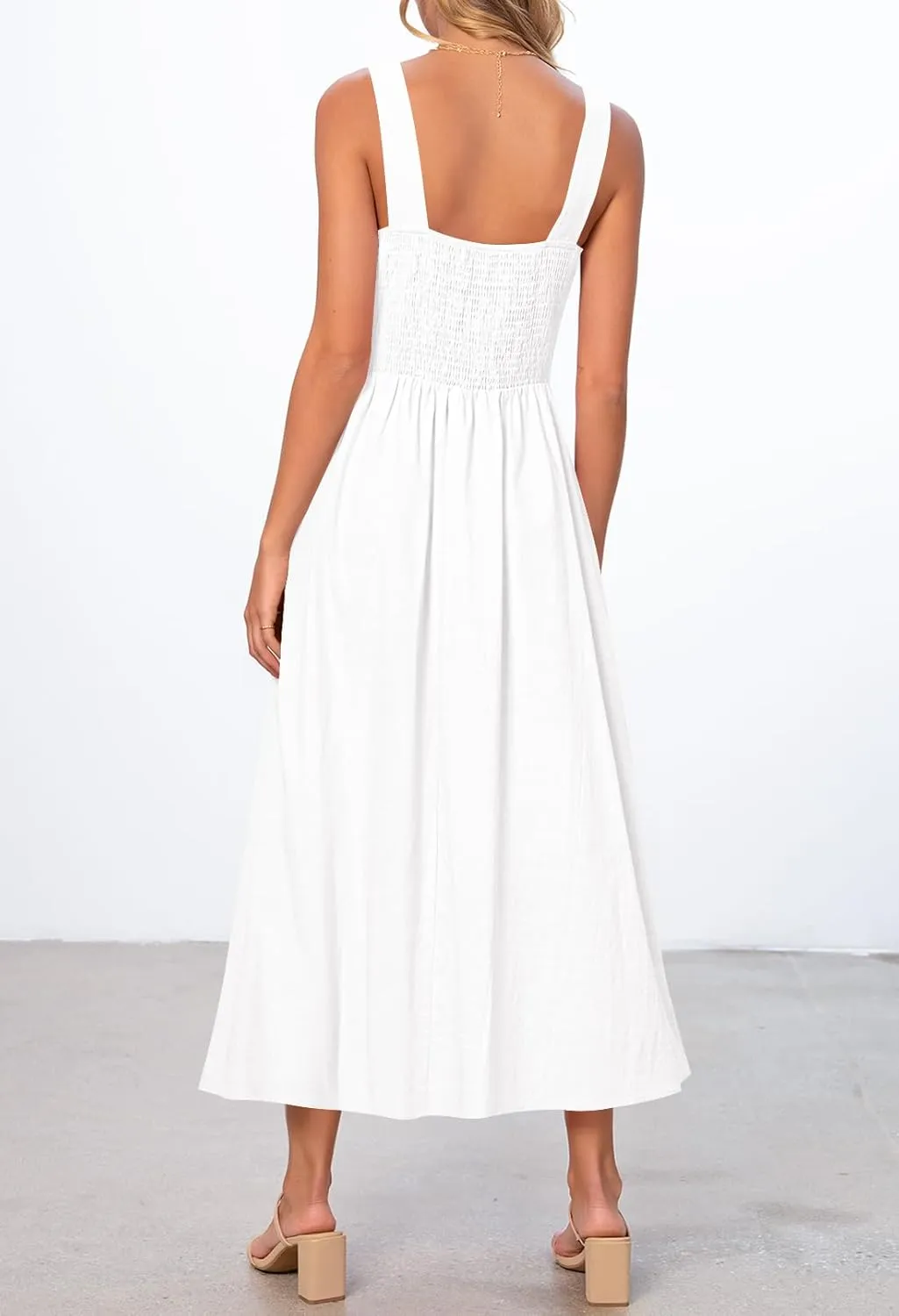MEROKEETY Women's 2025 Summer Sleeveless Midi Dress Square Neck Smocked Flowy A Line Beach Dresses