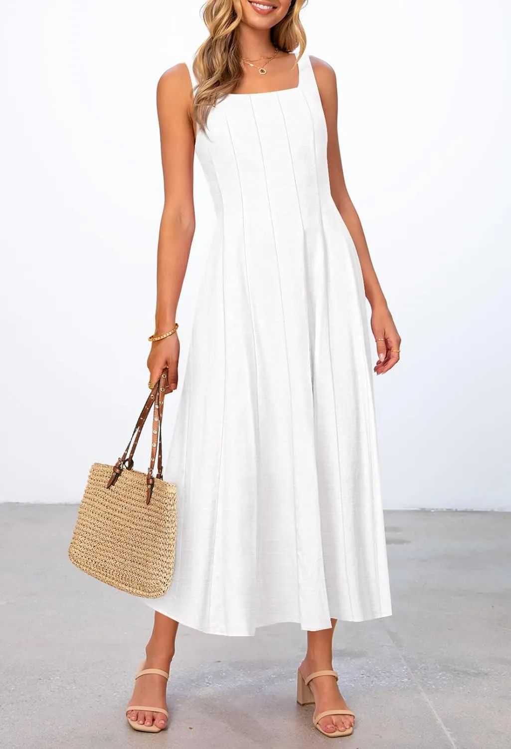 MEROKEETY Women's 2025 Summer Sleeveless Midi Dress Square Neck Smocked Flowy A Line Beach Dresses