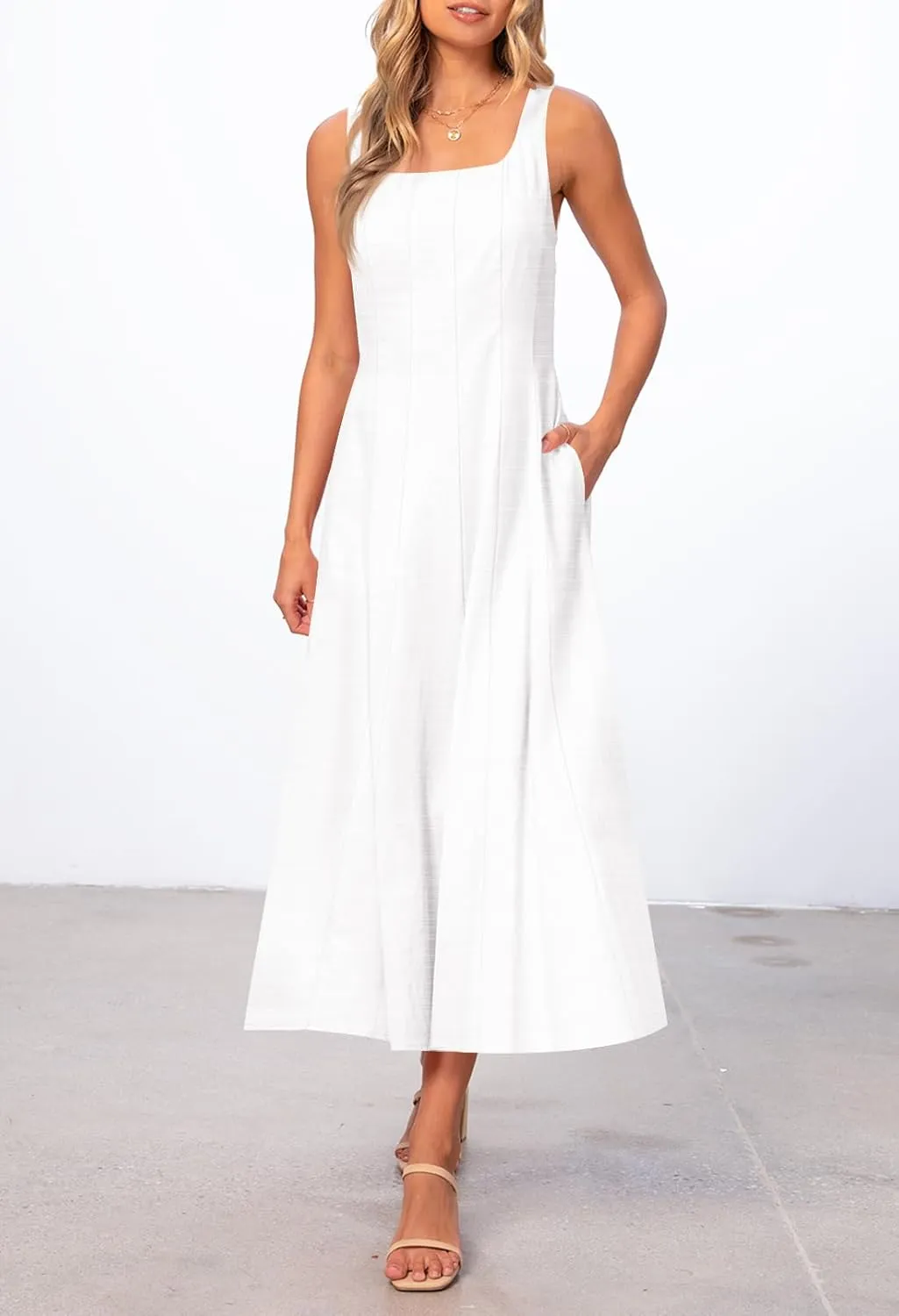MEROKEETY Women's 2025 Summer Sleeveless Midi Dress Square Neck Smocked Flowy A Line Beach Dresses