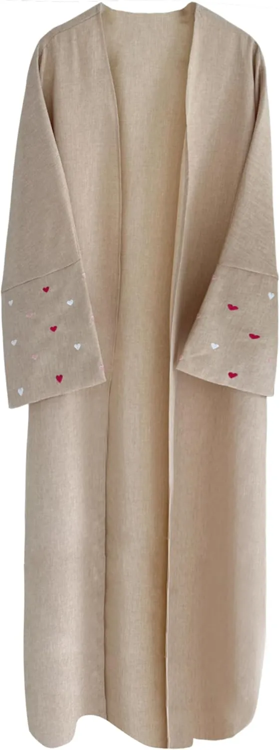 Muslim Abaya Dress Women Prayer Cardigan Robe Heart-Shaped Embroidery Lightweight Kaftan Maxi Dress