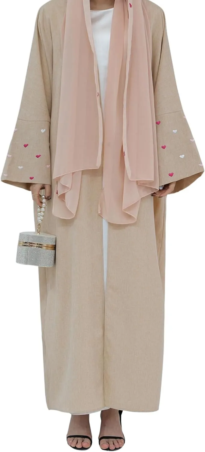 Muslim Abaya Dress Women Prayer Cardigan Robe Heart-Shaped Embroidery Lightweight Kaftan Maxi Dress