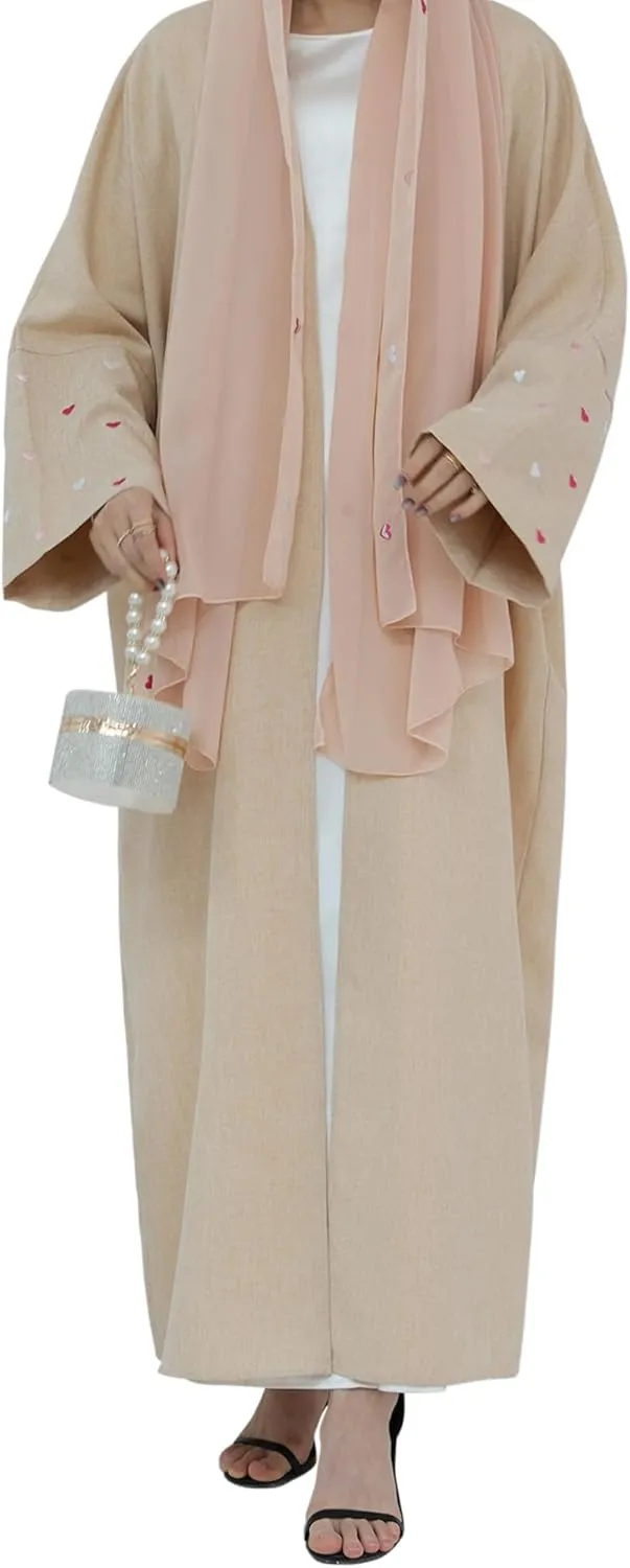 Muslim Abaya Dress Women Prayer Cardigan Robe Heart-Shaped Embroidery Lightweight Kaftan Maxi Dress