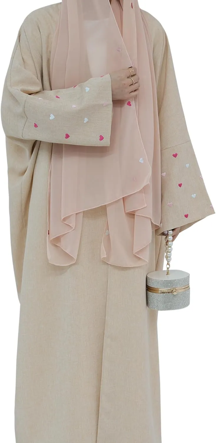 Muslim Abaya Dress Women Prayer Cardigan Robe Heart-Shaped Embroidery Lightweight Kaftan Maxi Dress