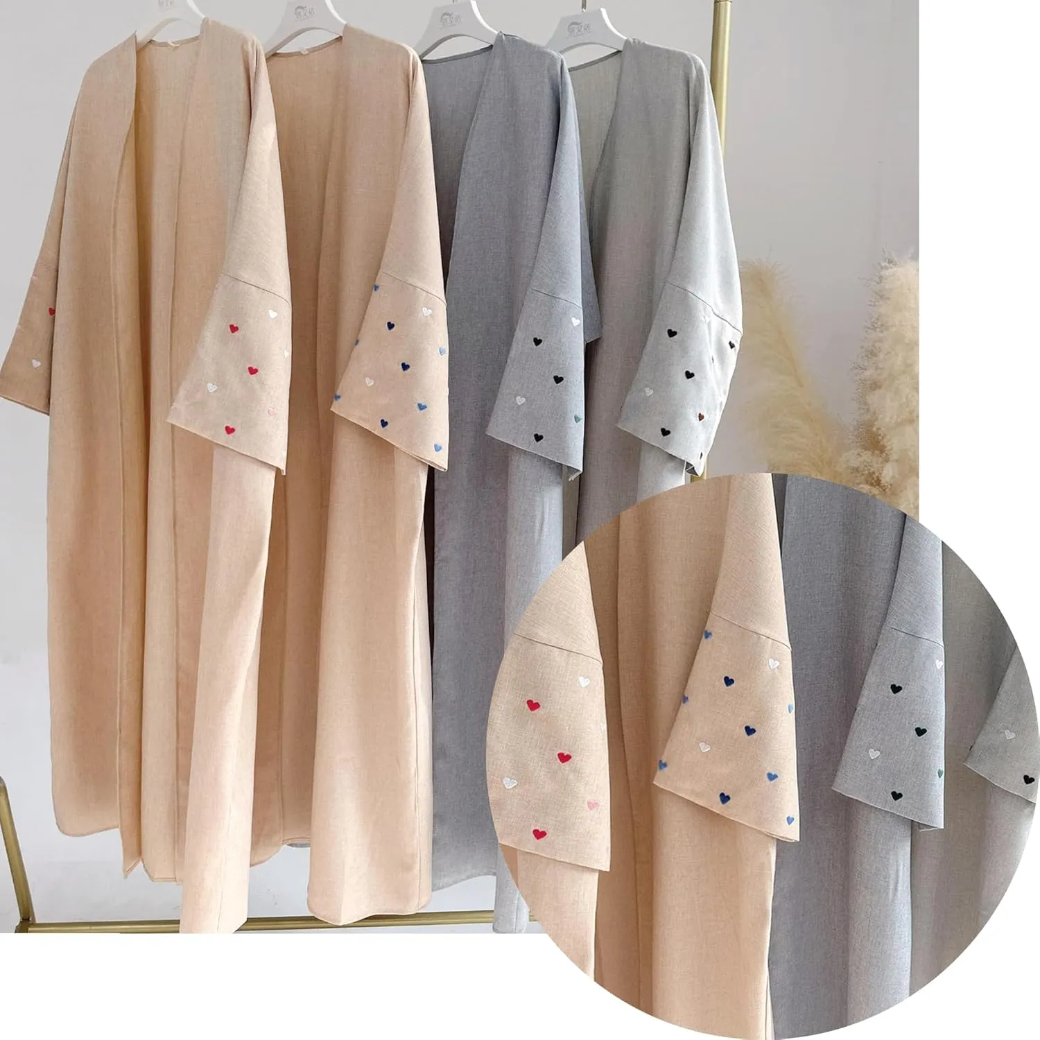 Muslim Abaya Dress Women Prayer Cardigan Robe Heart-Shaped Embroidery Lightweight Kaftan Maxi Dress