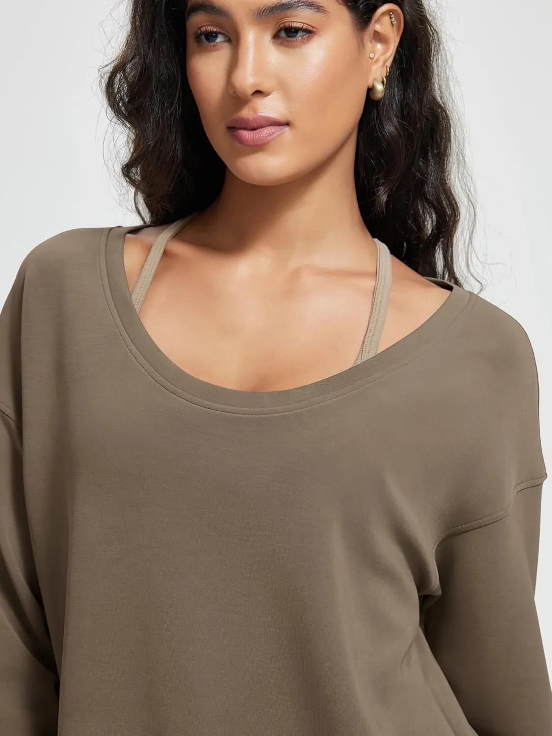 ODODOS Women's Modal Soft-Breezy Wide Scoop Neck Pullover Oversized Long Sleeve Sweatshirts