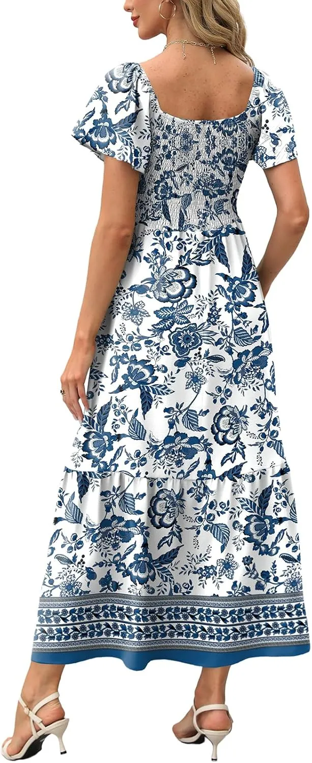 OFEEFAN Summer Dresses for Women Square Neck Ruffle Sleeve Smocked Maxi Dress with Pockets