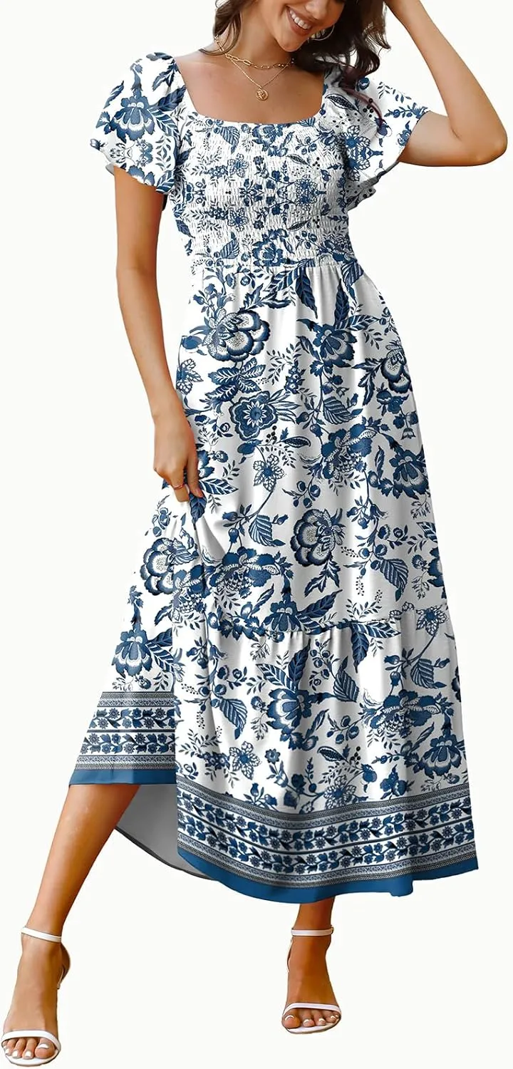 OFEEFAN Summer Dresses for Women Square Neck Ruffle Sleeve Smocked Maxi Dress with Pockets