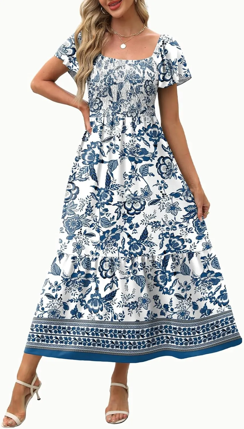 OFEEFAN Summer Dresses for Women Square Neck Ruffle Sleeve Smocked Maxi Dress with Pockets
