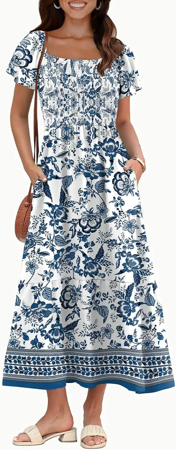 OFEEFAN Summer Dresses for Women Square Neck Ruffle Sleeve Smocked Maxi Dress with Pockets