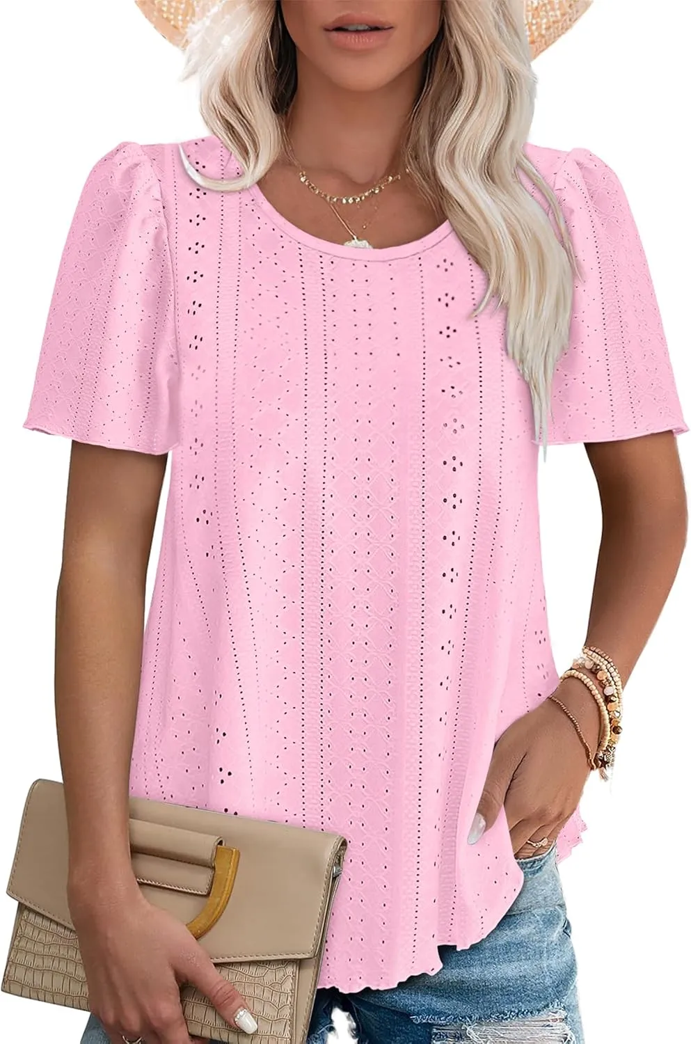 OFEEFAN Womens T Shirts Loose Fit Scooped Neck Short Sleeve Blouses Dressy Casual Summer Tops