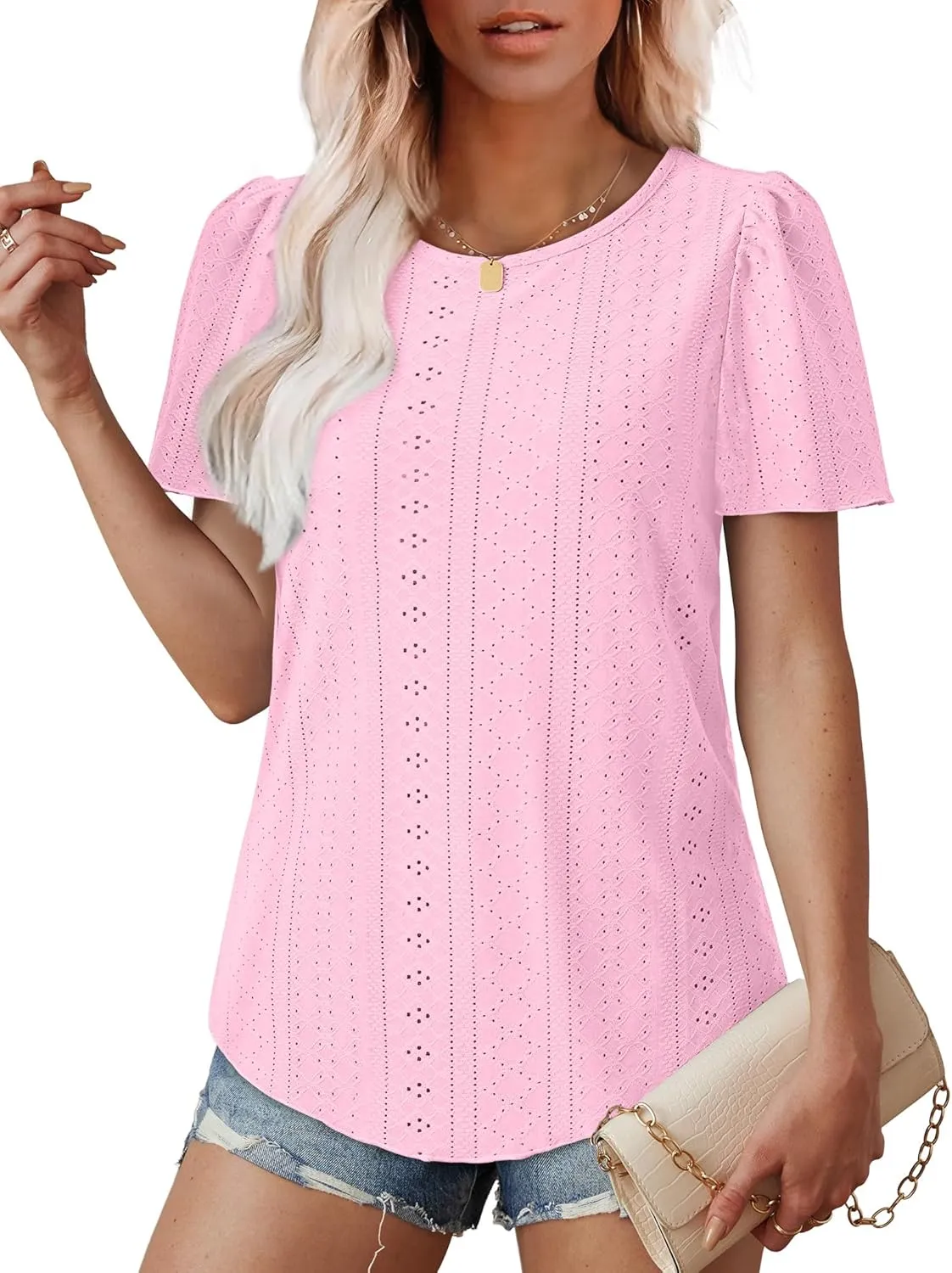 OFEEFAN Womens T Shirts Loose Fit Scooped Neck Short Sleeve Blouses Dressy Casual Summer Tops