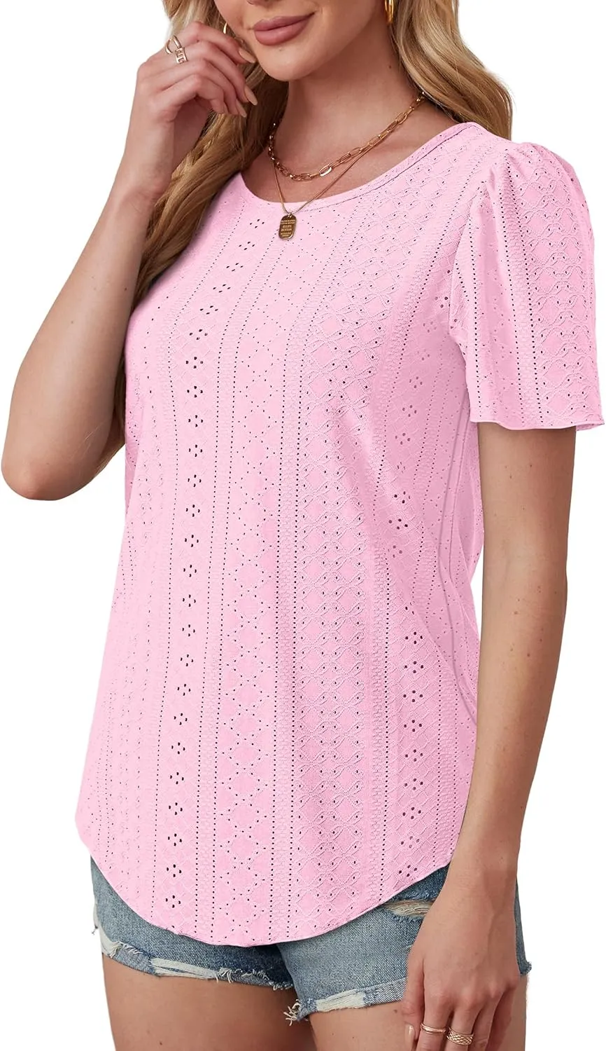 OFEEFAN Womens T Shirts Loose Fit Scooped Neck Short Sleeve Blouses Dressy Casual Summer Tops