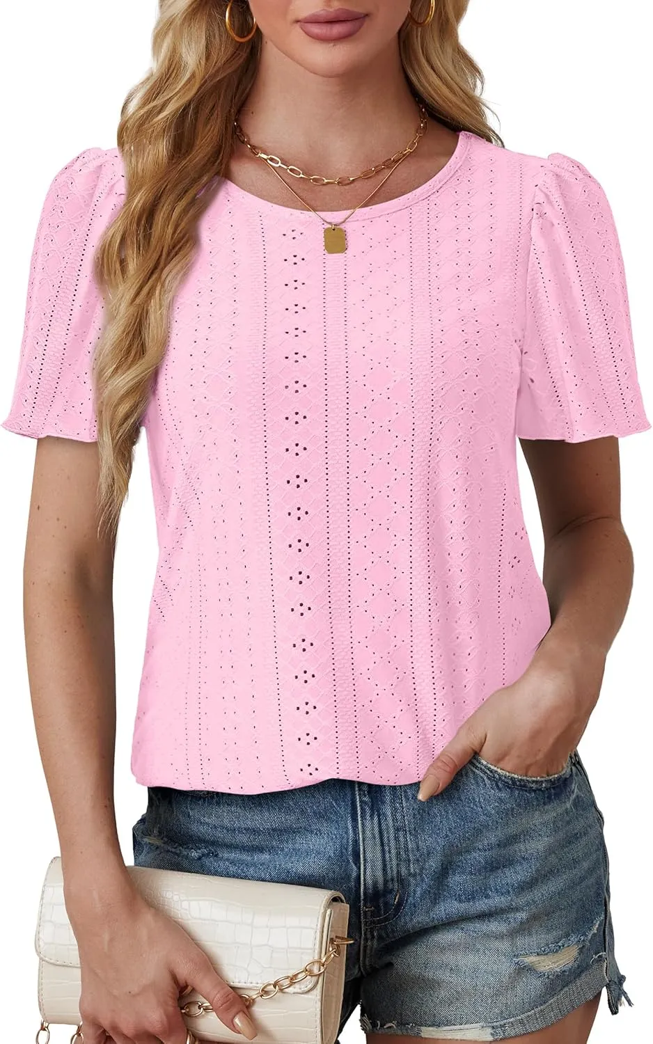 OFEEFAN Womens T Shirts Loose Fit Scooped Neck Short Sleeve Blouses Dressy Casual Summer Tops