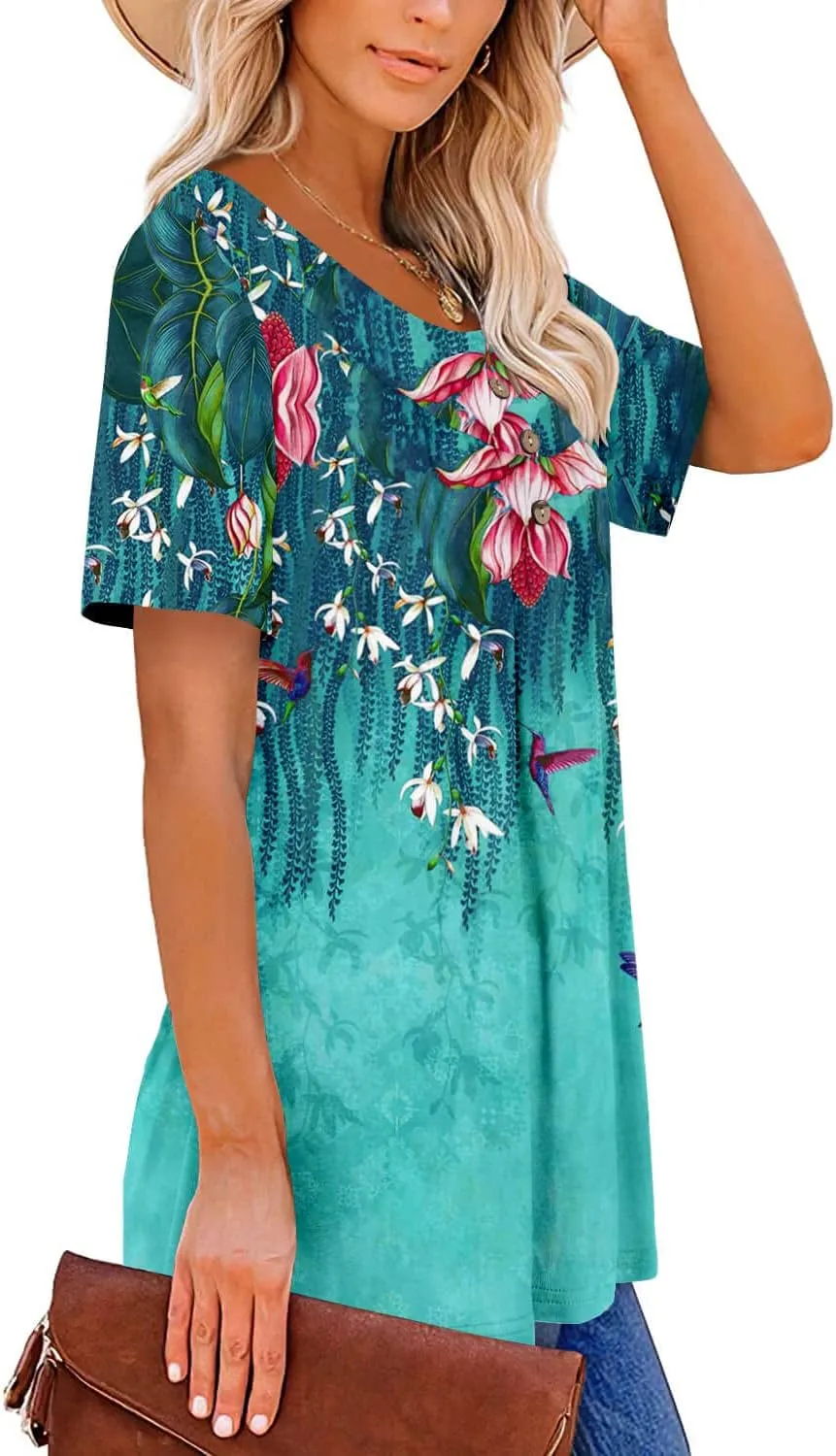 ONLYSHE Womens Summer Short Sleeve Shirts V Neck Tops Casual Tunic Floral Ruffle Blouse