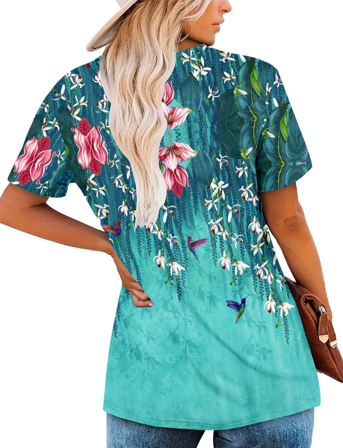 ONLYSHE Womens Summer Short Sleeve Shirts V Neck Tops Casual Tunic Floral Ruffle Blouse