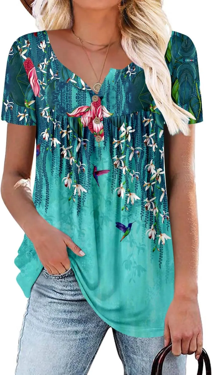 ONLYSHE Womens Summer Short Sleeve Shirts V Neck Tops Casual Tunic Floral Ruffle Blouse