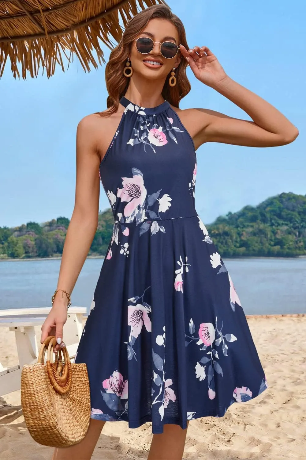 OUGES Women's Halter Neck Floral Summer Casual Sundress