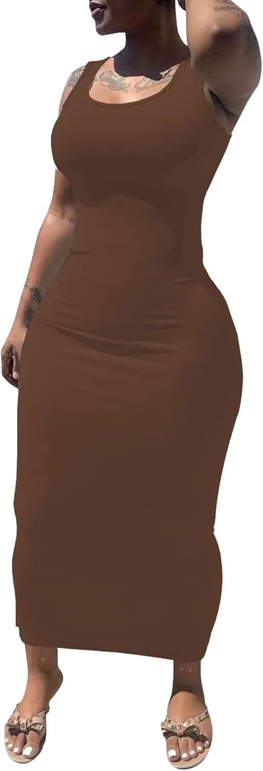 PINSV Women's Sexy Bodycon Tank Dress Basic Sleeveless Long Maxi Dresses Party Club Beach Sundresses