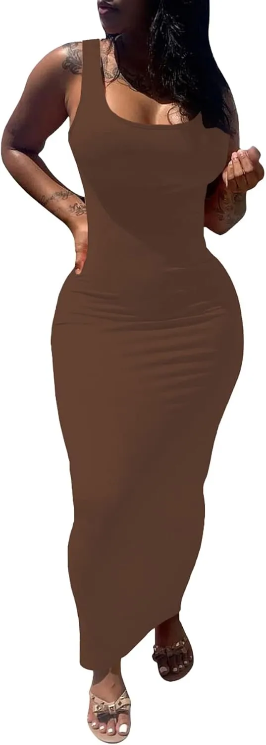 PINSV Women's Sexy Bodycon Tank Dress Basic Sleeveless Long Maxi Dresses Party Club Beach Sundresses