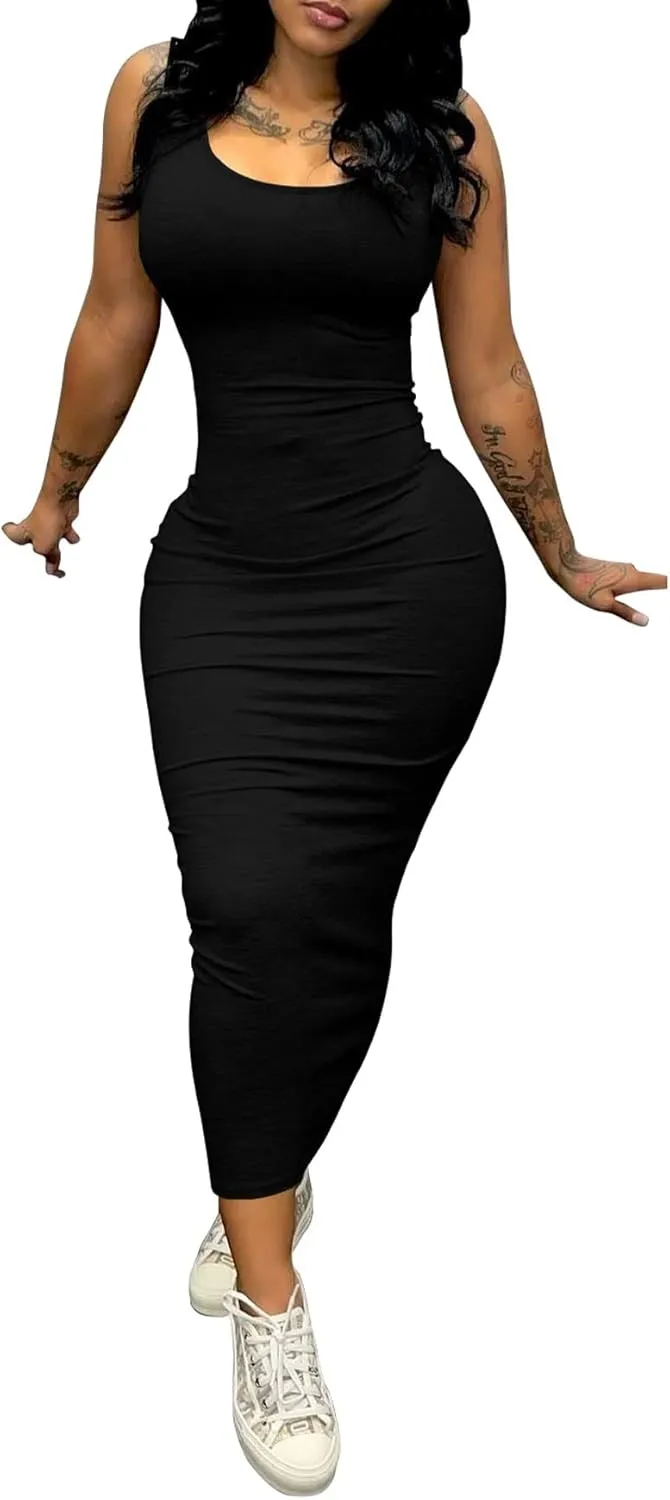 PINSV Women's Sexy Bodycon Tank Dress Basic Sleeveless Long Maxi Dresses Party Club Beach Sundresses