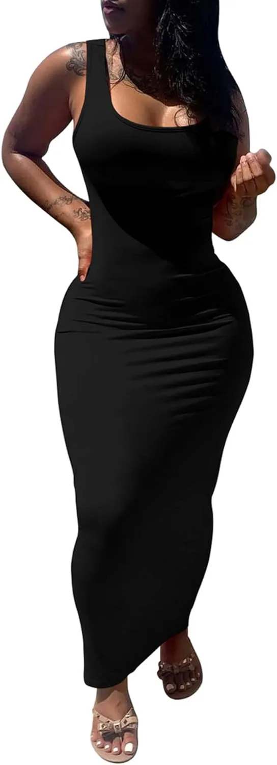PINSV Women's Sexy Bodycon Tank Dress Basic Sleeveless Long Maxi Dresses Party Club Beach Sundresses