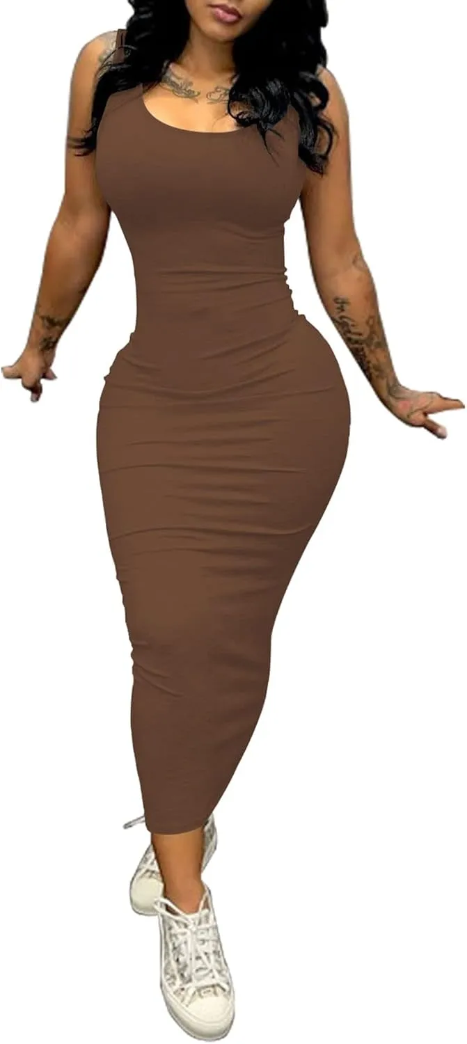 PINSV Women's Sexy Bodycon Tank Dress Basic Sleeveless Long Maxi Dresses Party Club Beach Sundresses