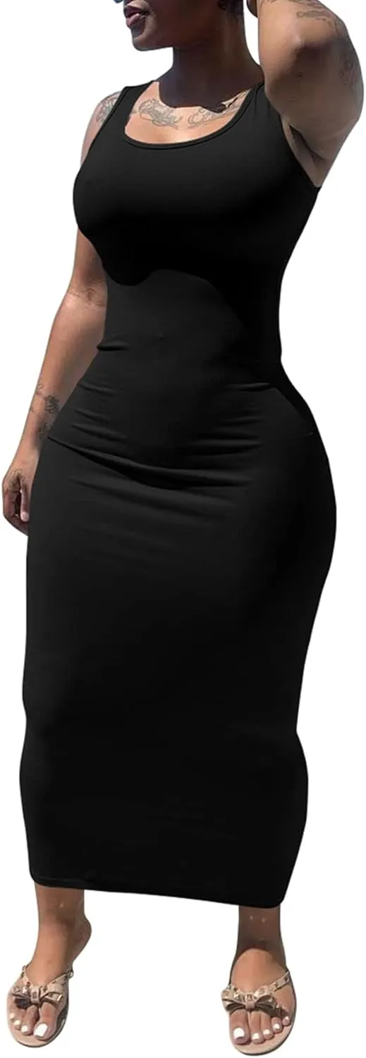 PINSV Women's Sexy Bodycon Tank Dress Basic Sleeveless Long Maxi Dresses Party Club Beach Sundresses