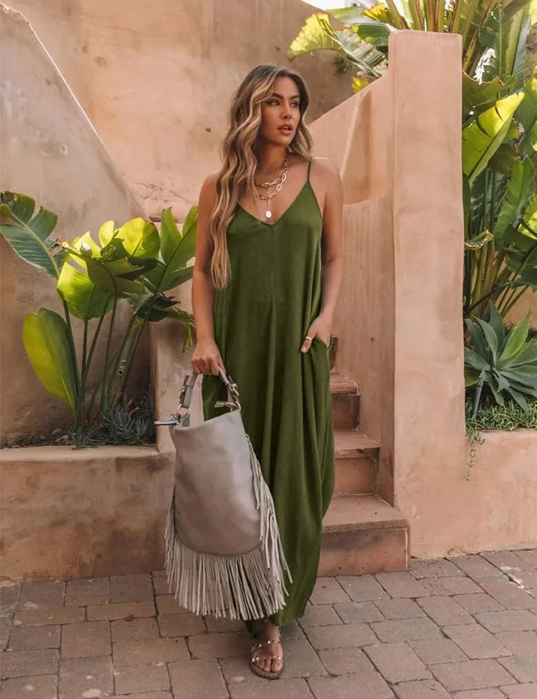 Poetsky Womens Casual Strappy V Neck Sleeveless Flowy Pockets Loose Long Maxi Beach Dress Sundress