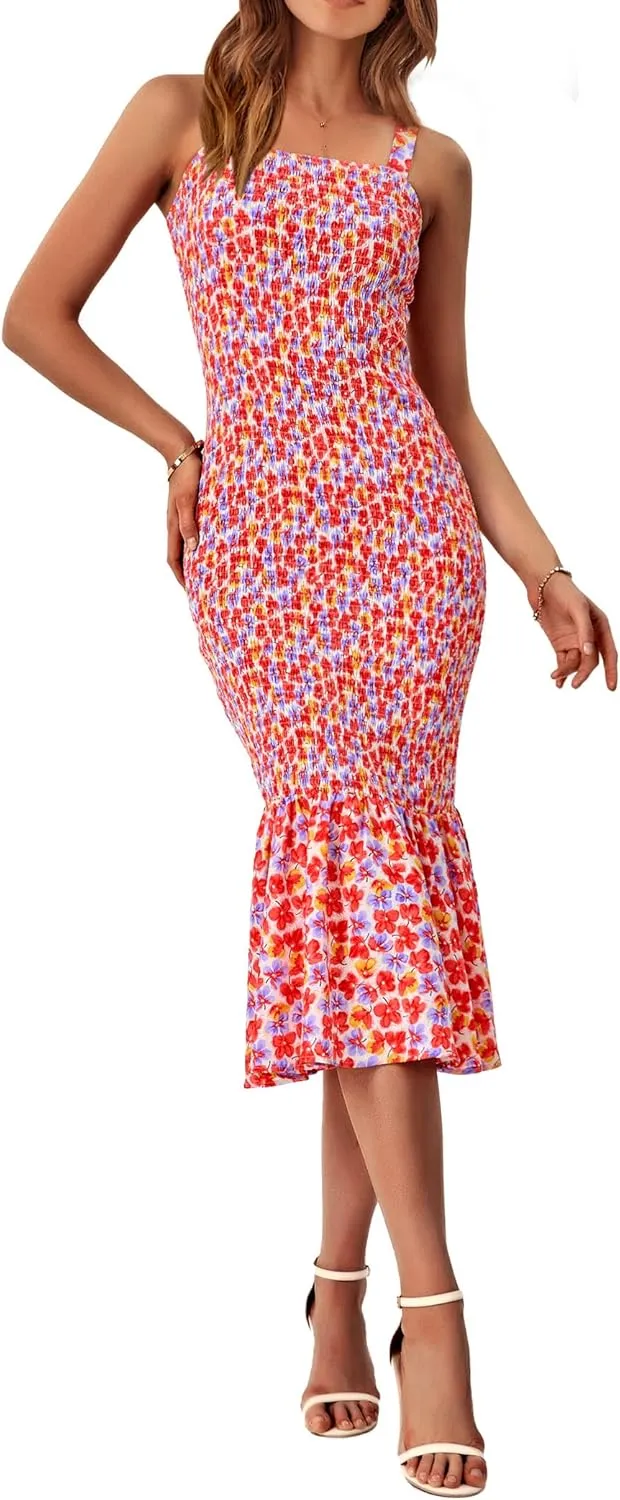 PRETTYGARDEN Women's Summer Floral Midi Tank Dress Sleeveless Strappy Ruffle Hem Smocked Bodycon Dresses