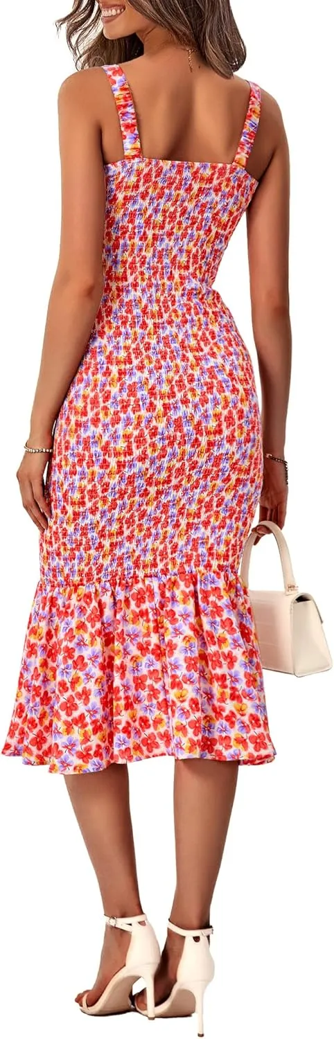 PRETTYGARDEN Women's Summer Floral Midi Tank Dress Sleeveless Strappy Ruffle Hem Smocked Bodycon Dresses