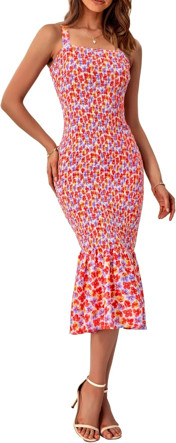 PRETTYGARDEN Women's Summer Floral Midi Tank Dress Sleeveless Strappy Ruffle Hem Smocked Bodycon Dresses