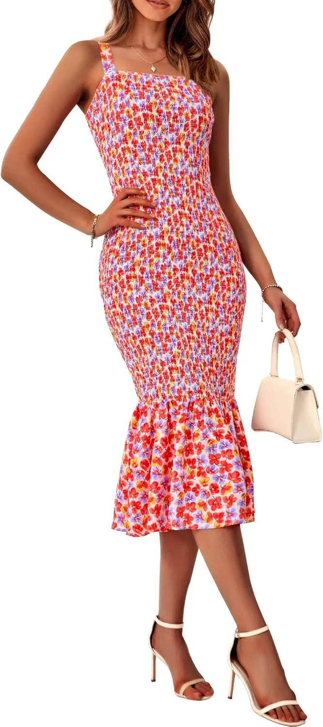 PRETTYGARDEN Women's Summer Floral Midi Tank Dress Sleeveless Strappy Ruffle Hem Smocked Bodycon Dresses
