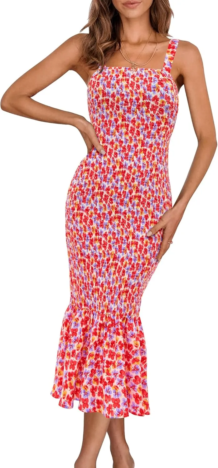 PRETTYGARDEN Women's Summer Floral Midi Tank Dress Sleeveless Strappy Ruffle Hem Smocked Bodycon Dresses