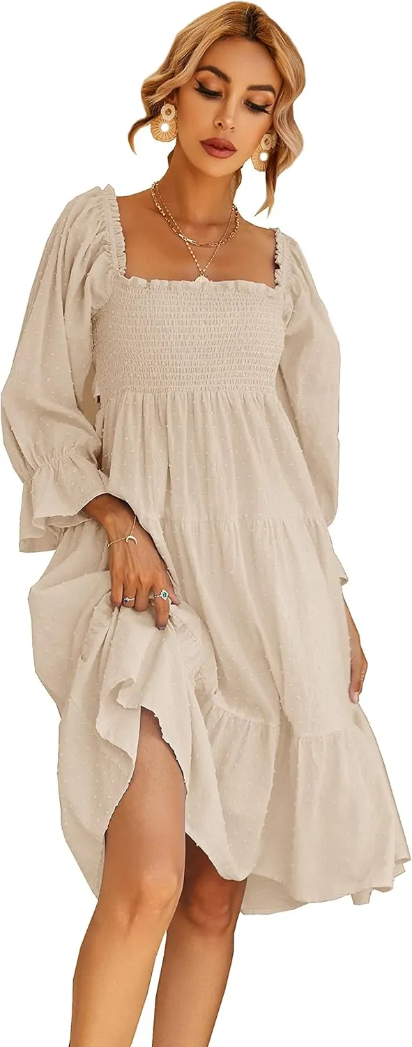 R.Vivimos Women's Summer Cotton Plaid Puff Sleeves Bow Casual Off-Shoulder Boho Midi Dress