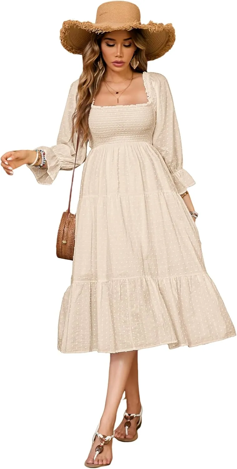 R.Vivimos Women's Summer Cotton Plaid Puff Sleeves Bow Casual Off-Shoulder Boho Midi Dress