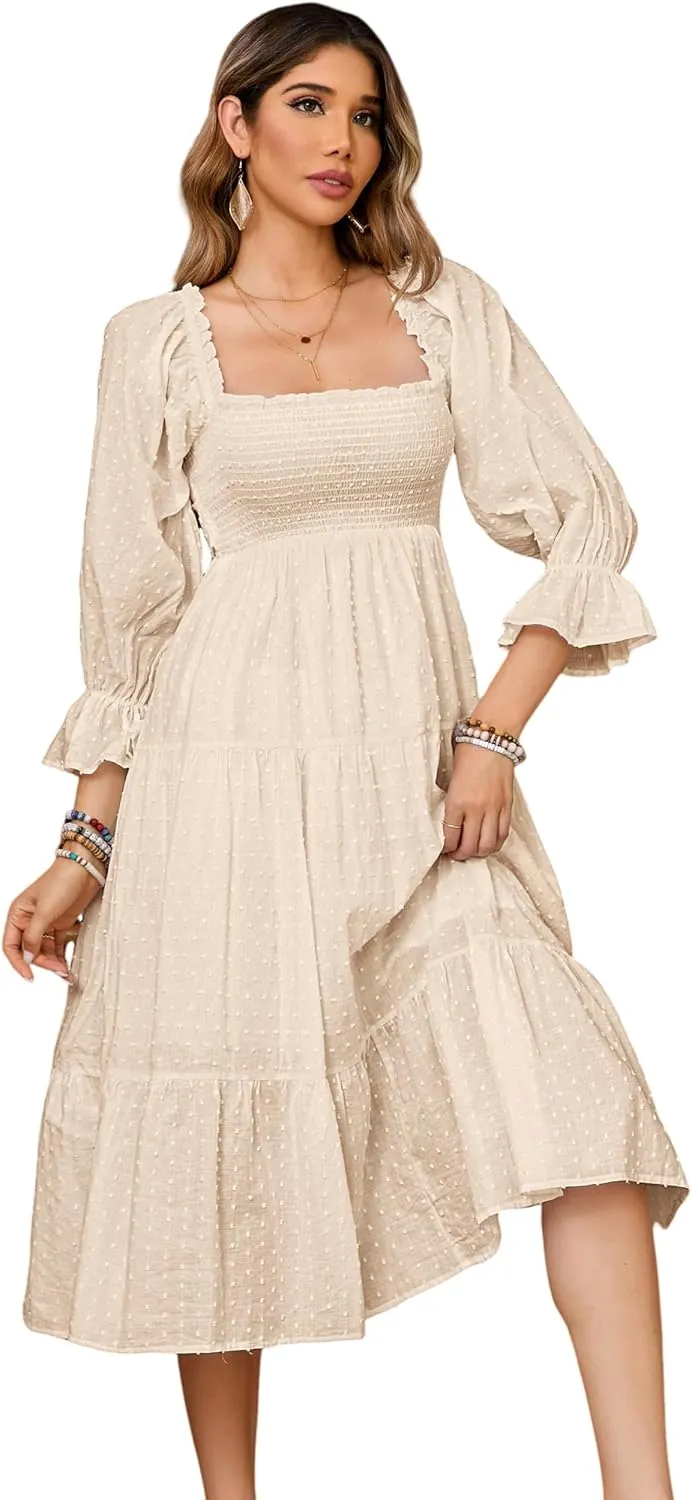 R.Vivimos Women's Summer Cotton Plaid Puff Sleeves Bow Casual Off-Shoulder Boho Midi Dress