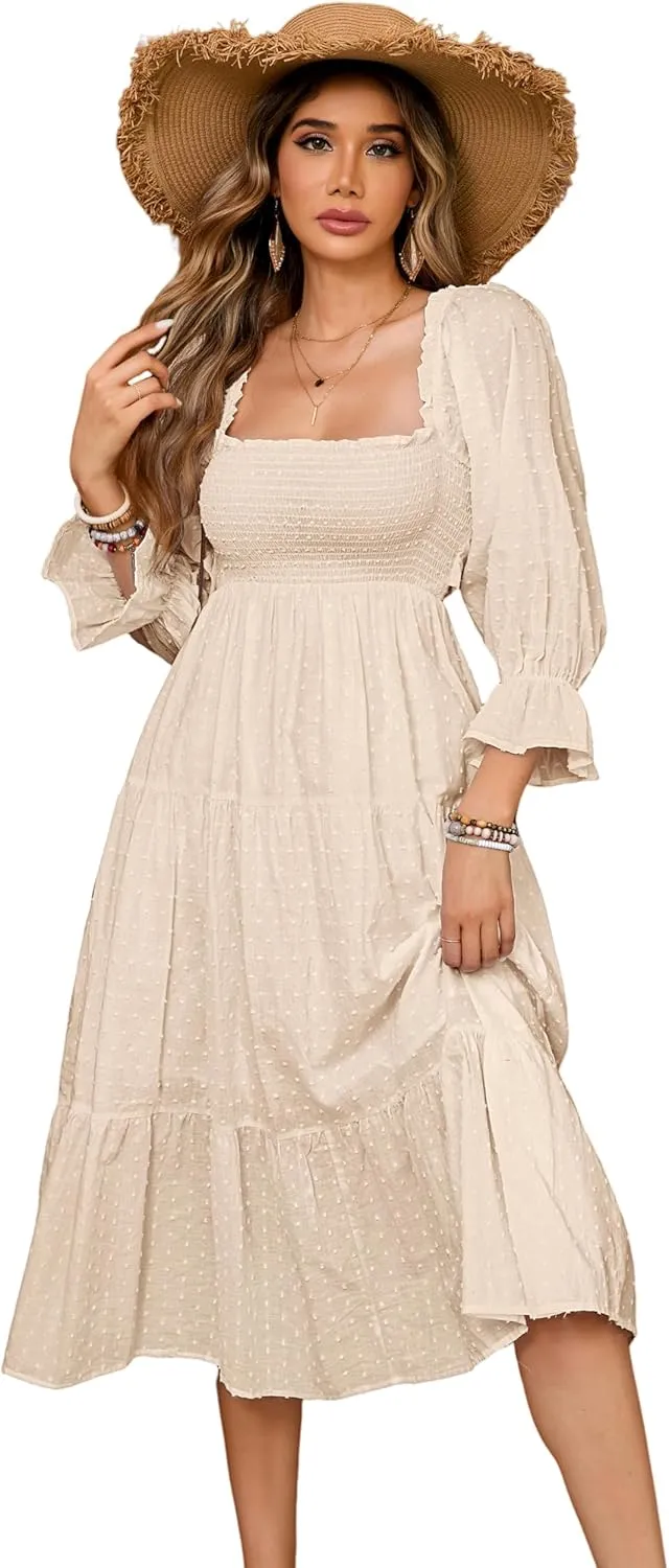 R.Vivimos Women's Summer Cotton Plaid Puff Sleeves Bow Casual Off-Shoulder Boho Midi Dress