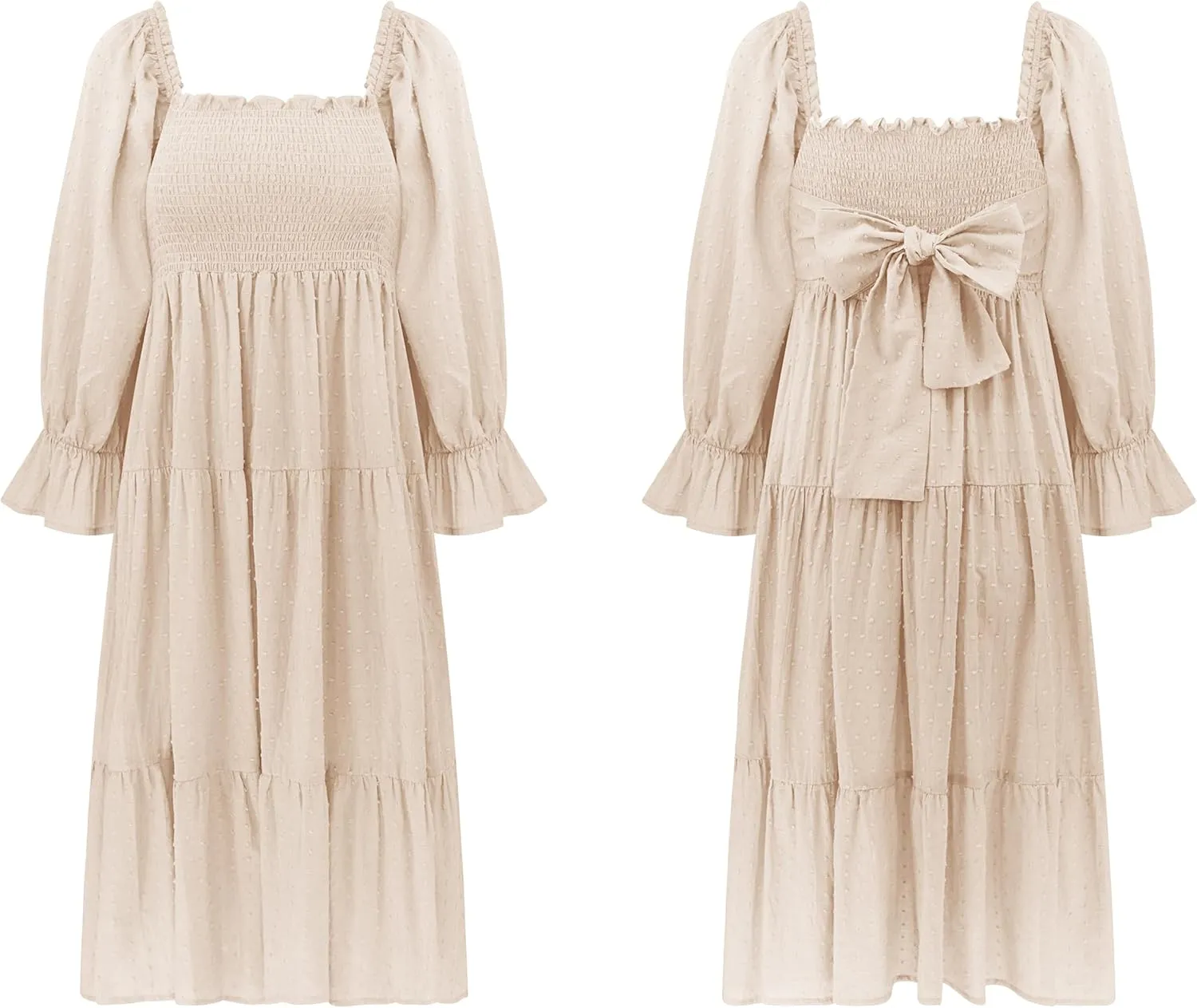 R.Vivimos Women's Summer Cotton Plaid Puff Sleeves Bow Casual Off-Shoulder Boho Midi Dress