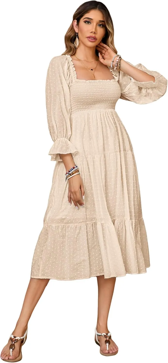 R.Vivimos Women's Summer Cotton Plaid Puff Sleeves Bow Casual Off-Shoulder Boho Midi Dress