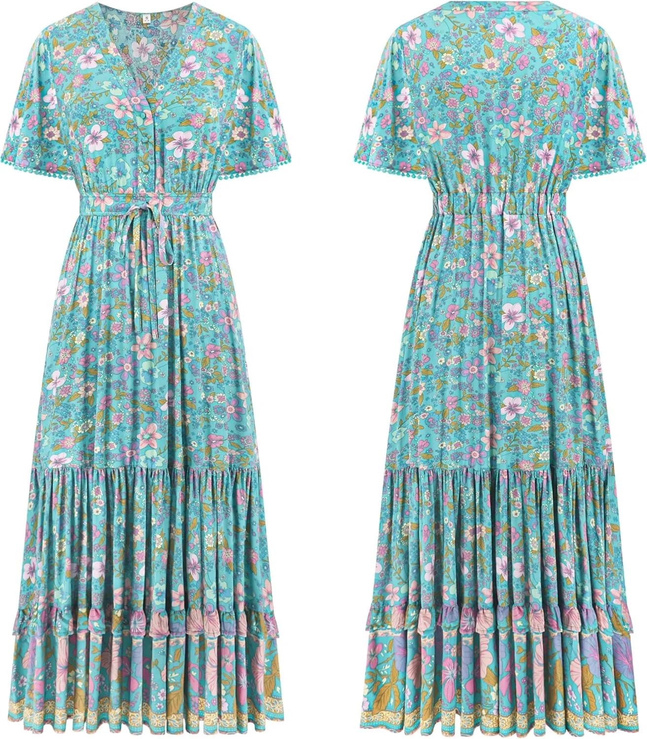 R.Vivimos Womens Summer Cotton Short Sleeve V Neck Floral Print Casual Bohemian Midi Dresses