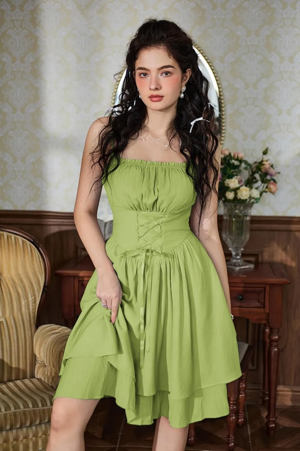 Scarlet Darkness Renaissance Dress Women Chiffon Spaghetti Strap Corset Dress
