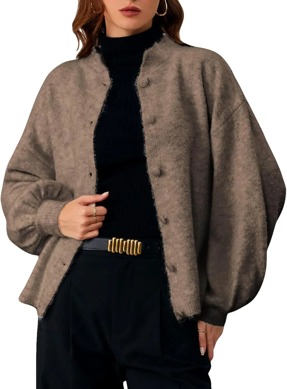 SHENHE Women's Button Front Oversized Cardigan Lantern Sleeve Drop Shoulder Loose Cardigan Sweater