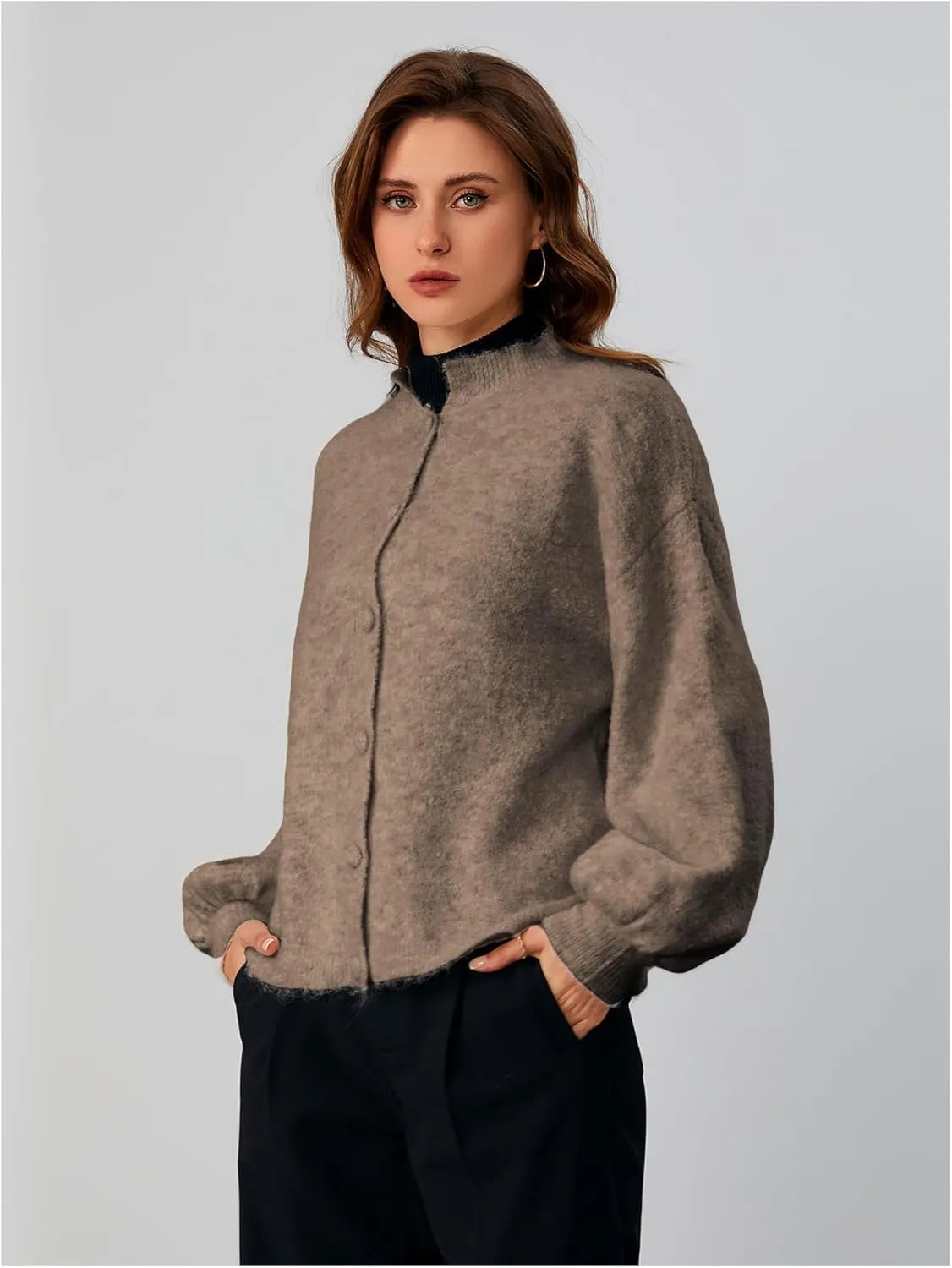 SHENHE Women's Button Front Oversized Cardigan Lantern Sleeve Drop Shoulder Loose Cardigan Sweater