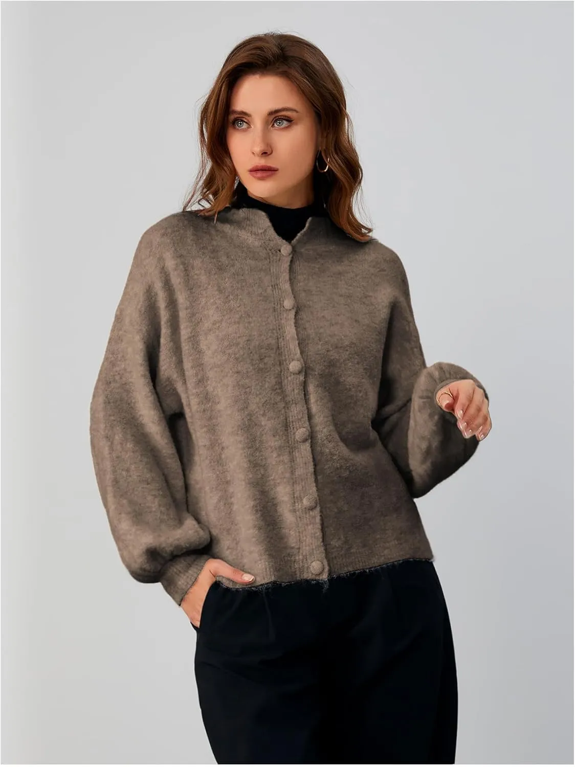 SHENHE Women's Button Front Oversized Cardigan Lantern Sleeve Drop Shoulder Loose Cardigan Sweater