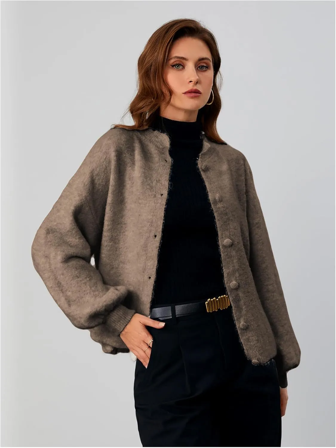 SHENHE Women's Button Front Oversized Cardigan Lantern Sleeve Drop Shoulder Loose Cardigan Sweater