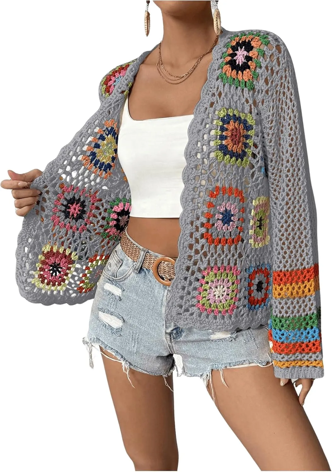 SHENHE Women's Floral Crochet Cardigan Hollow Out Open Front Long Sleeve Cardigan Sweater