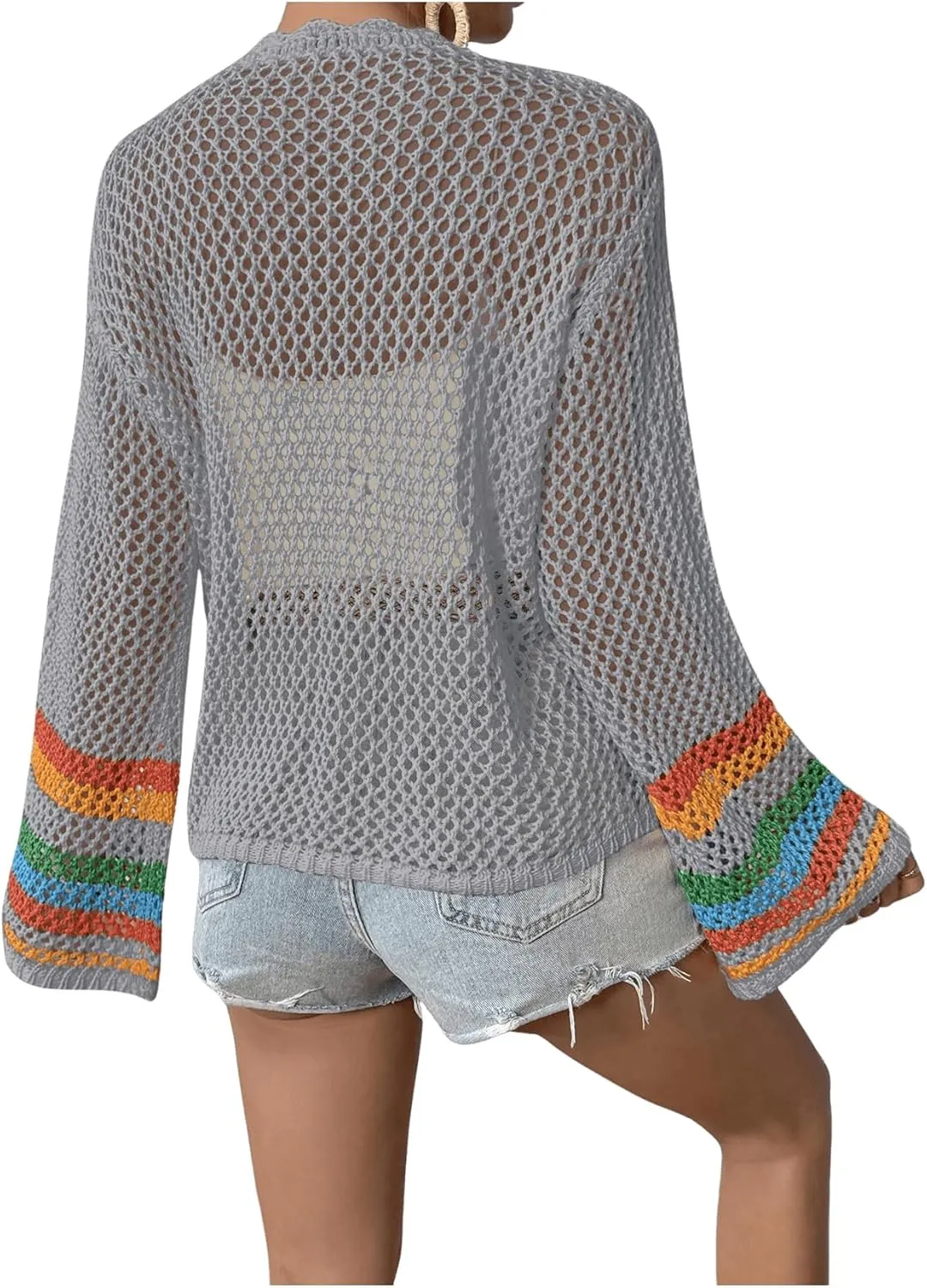 SHENHE Women's Floral Crochet Cardigan Hollow Out Open Front Long Sleeve Cardigan Sweater