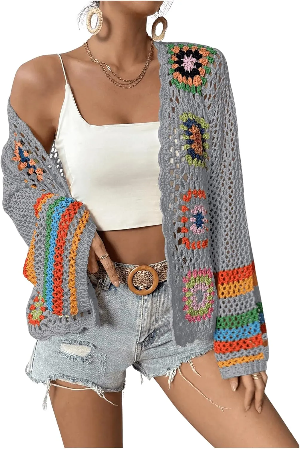 SHENHE Women's Floral Crochet Cardigan Hollow Out Open Front Long Sleeve Cardigan Sweater